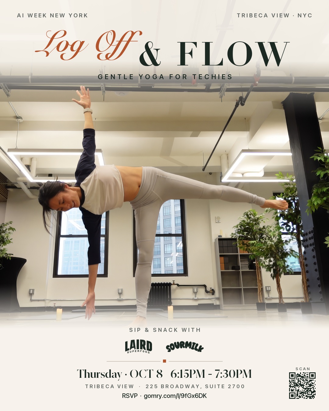 Log Off & Flow flyer — Thursday, October 8, 6:15–7:30 PM at Tribeca View